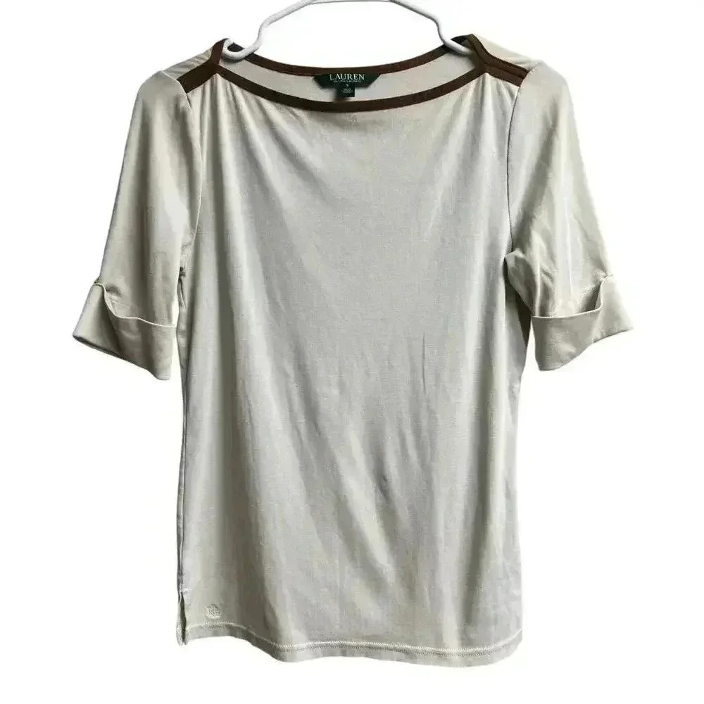 Lauren Ralph Lauren Faux Suede Trim Short Sleeve Boat Neck Women's Blouse Small